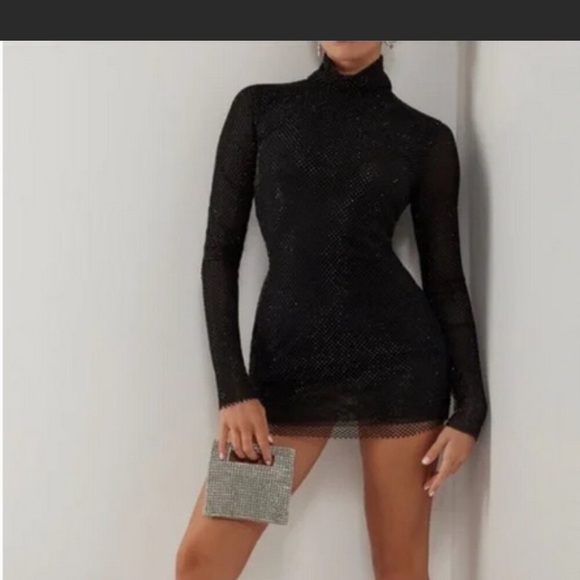 Heiress Beverly Hills Black Crystal Embellished Mesh Turtleneck Mini Dress - Picture 1 of 8